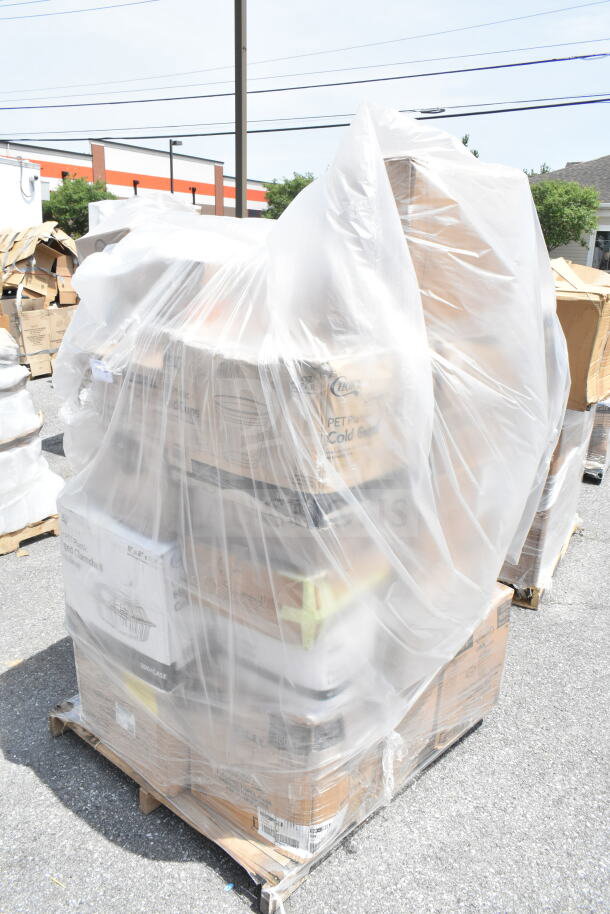 Plastic-wrapped pallet with 24 new scratch and dent items, including cold and hot cups, containers, visible on labels.