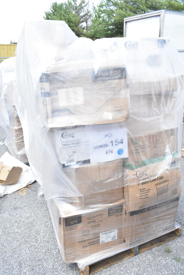 Pallet of assorted new scratch and dent items, including Choice cold cups, hot cups, and containers, labeled JUN26-154.