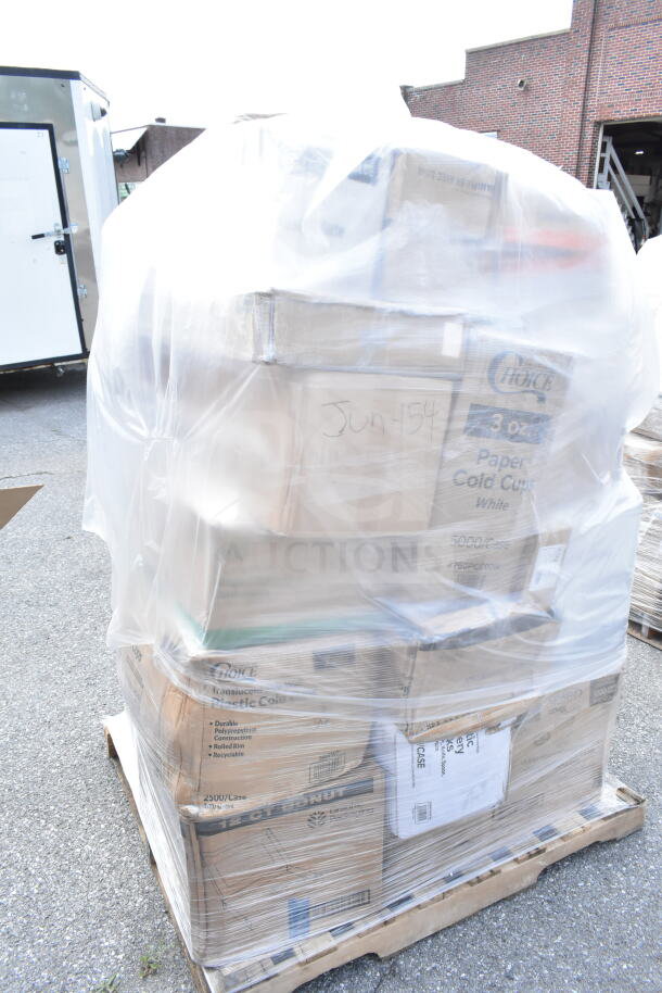 Pallet of 24 new scratch and dent items including Choice paper cold cups, wrapped in plastic with visible label "Jun 154."