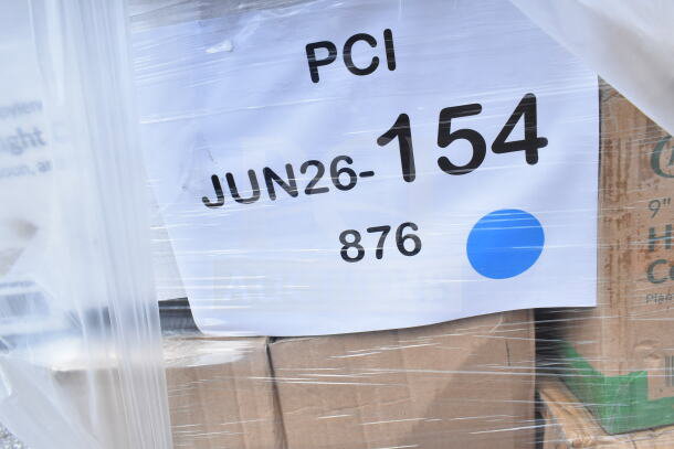 Pallet of 24 brand new scratch and dent items, including cold and hot cups, containers. Labeled "PCI JUN26-154 876."