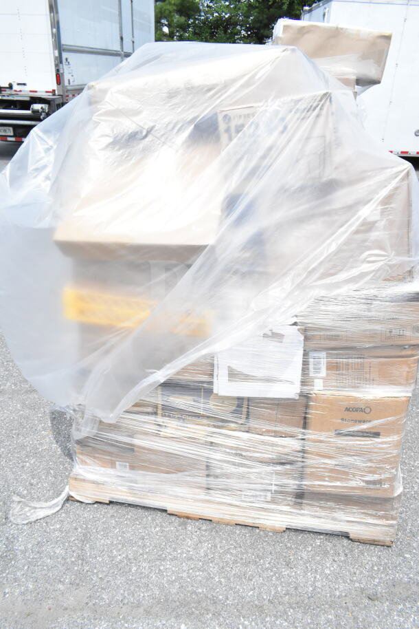 35 scratch and dent items, including plates and hotel pans, wrapped on a pallet. Brand new condition, minor imperfections.