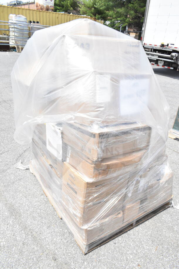 Plastic-wrapped pallet with 35 new scratch and dent items, including plates and hotel pans, packaged in labeled boxes.