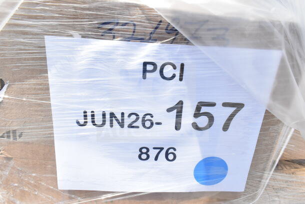 Packaging for auction lot "JUN26-157," 35 scratch and dent items, including plates and hotel pans. Brand new condition.
