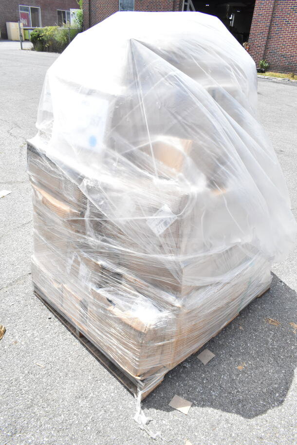 Plastic-wrapped pallet of 35 new scratch and dent items, including plates, glass, hotel pans. Auction lot JUN26-157.
