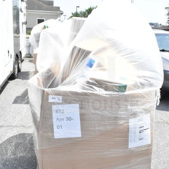 Box of 20 brand new scratch and dent items including ingredient bin, tumblers, and plates. Labels: "872 Apr 30-01".