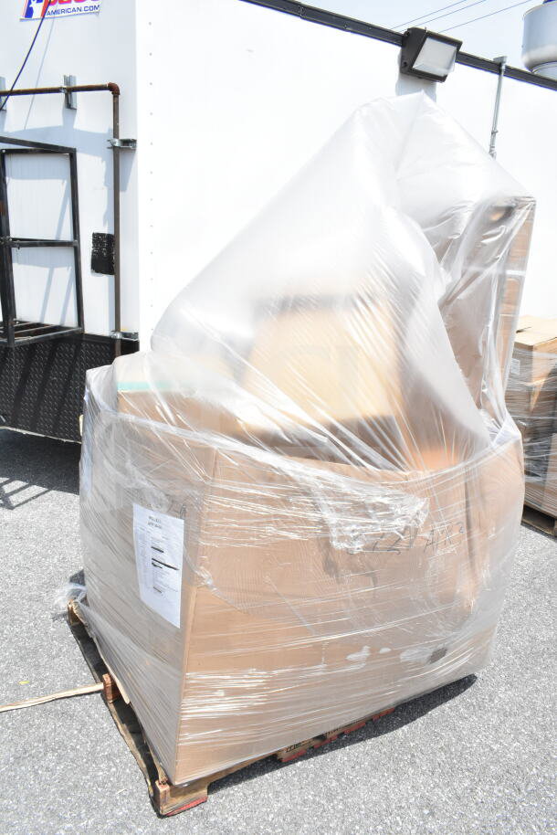 Plastic-wrapped pallet with assorted brand new scratch and dent items, including ingredient bins and kitchenware. Shipping labels visible.