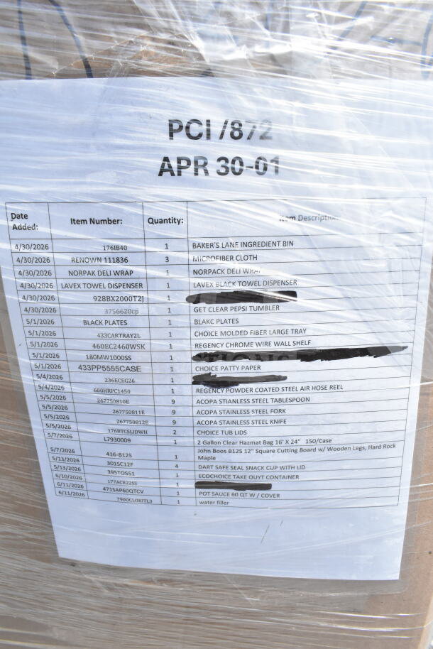 Auction lot of 20 brand new scratch and dent items including ingredient bin, tumblers, plates. Listed details on the pallet label.