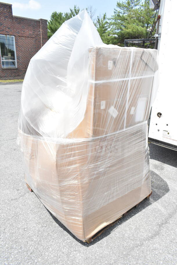 Pallet of boxes wrapped in plastic, containing 20 new scratch and dent items like ingredient bin, tumblers, and plates.