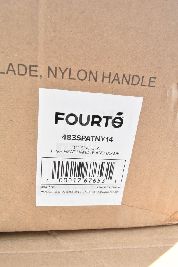 Label showing "Fourté 483SPATNY14 14" spatula with high heat handle and blade, made in China".