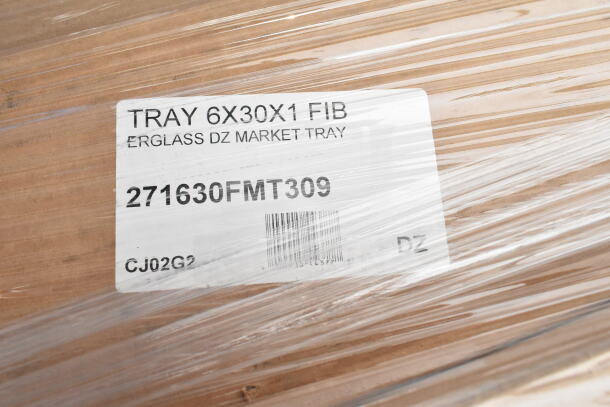 Plastic-wrapped label on a market tray reading "TRAY 6X30X1 FIB ERGLASS DZ MARKET TRAY 271630FMT309."
