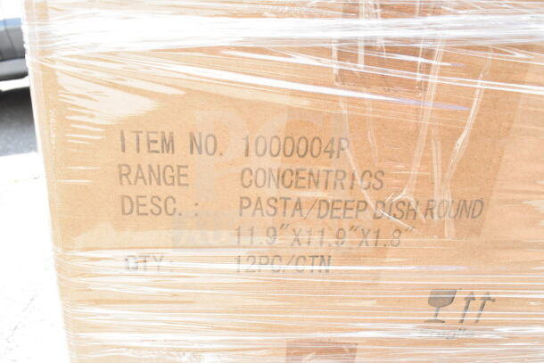 Cardboard box wrapped in plastic with markings: Item No. 1000004P, Range Concentric, Desc. Pasta/Deep Dish Round, Qty. 12pc/ctn.