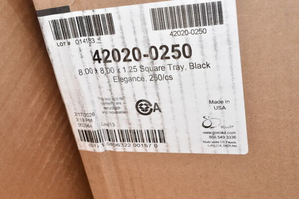 Cardboard box label for 8"x8"x1.25" Black Elegance square trays, 250 count, by Solut, Made in USA, Lot #014183.