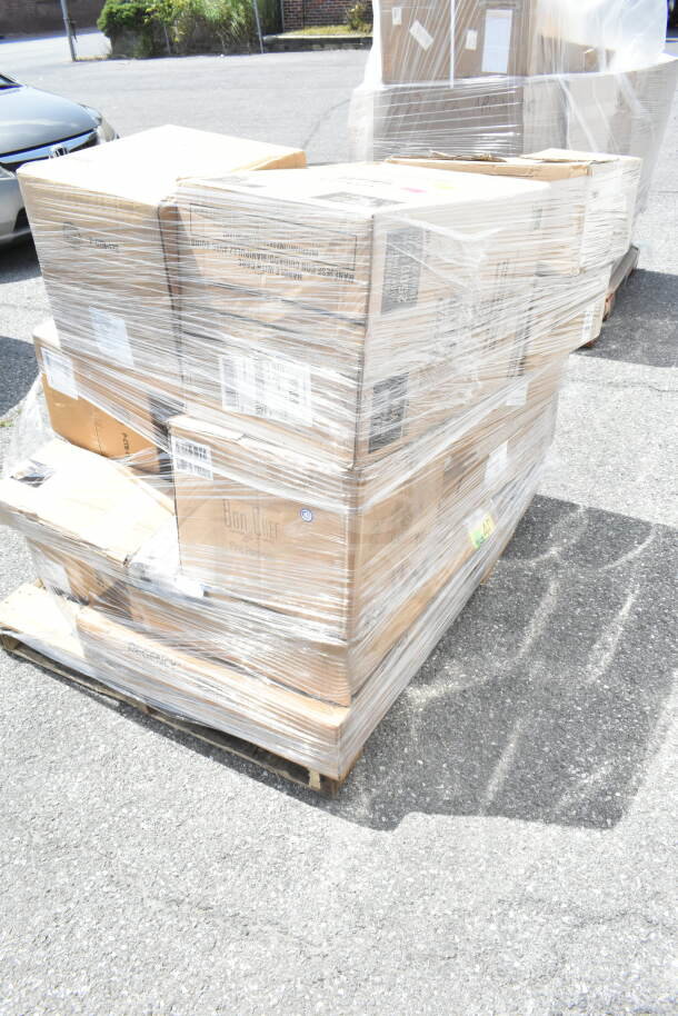 Shrink-wrapped pallet with 22 new scratch and dent items, including paddle and serving tray, Bon Chef boxes visible.