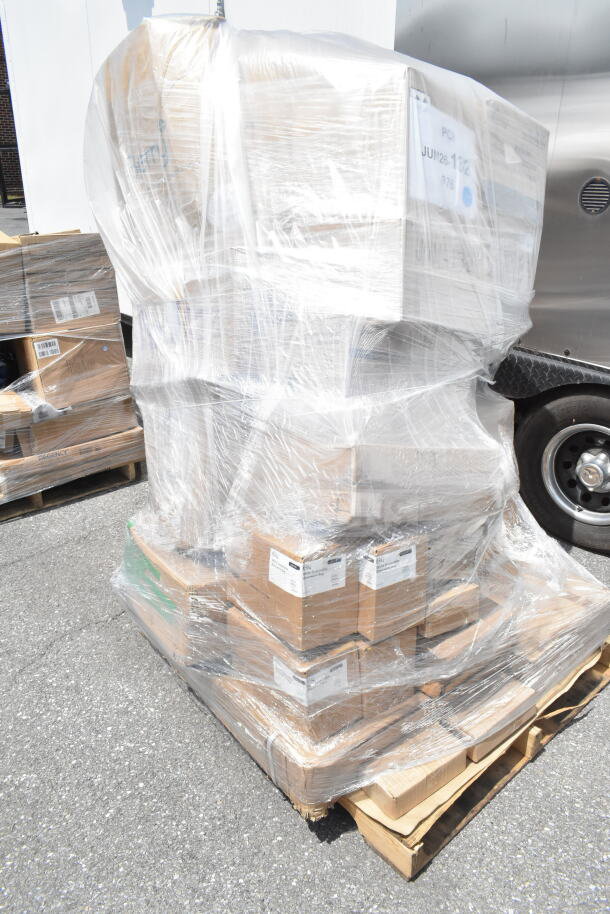 Pallet of 30 brand new scratch and dent items, including platters, wine glasses, containers, and tumblers.