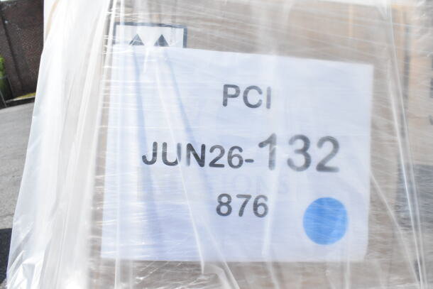 Box labeled "PCI JUN26-132," containing 30 scratch and dent items like platters and tumblers, wrapped in plastic.