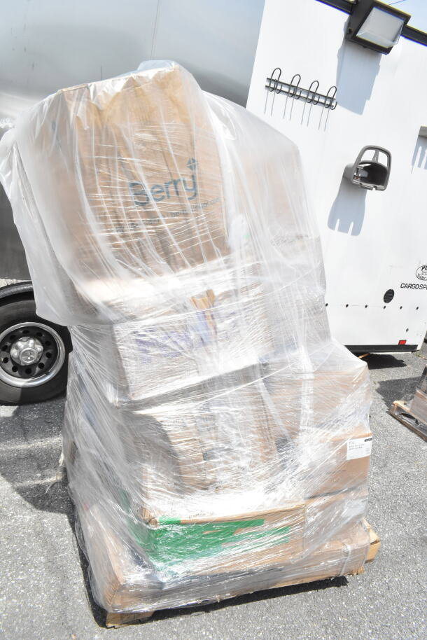 Pallet of 30 new scratch and dent items including platters, wine glasses, containers, and tumblers, wrapped for auction.