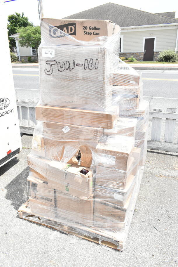 Pallet with 42 new scratch and dent items, including glasses and compressor, wrapped in plastic. Visible box label: "Glad 20 Gallon Step Can."