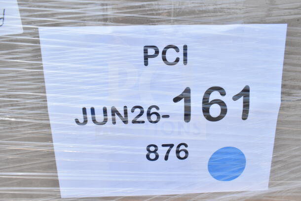 Label on a wrapped pallet showing "PCI JUN26-161 876." Contains scratch and dent items like glasses and a compressor.