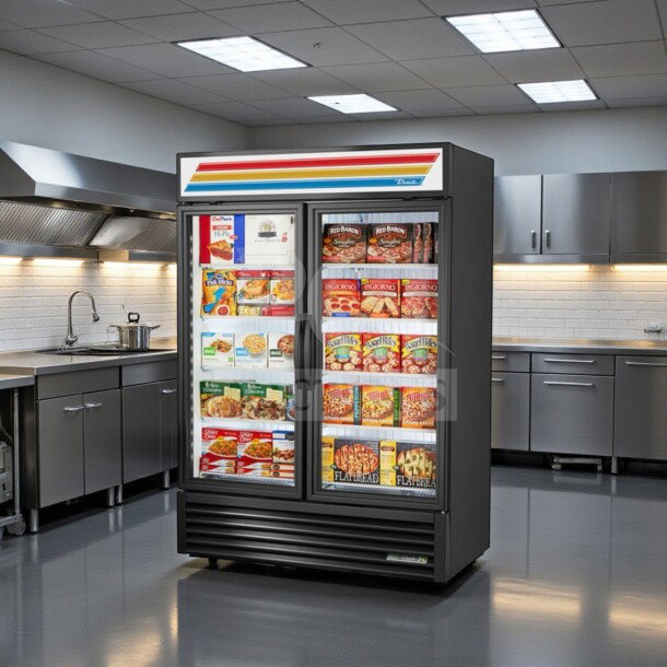 True GDM-49F-LTF-HC~TSL01 54" black glass door freezer merchandiser with LED lighting, 8 shelves, tested, NSF/UL listed.