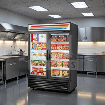 True GDM-49F-LTF-HC~TSL01 54" black glass door freezer merchandiser with LED lighting, 8 shelves, tested, NSF/UL listed.