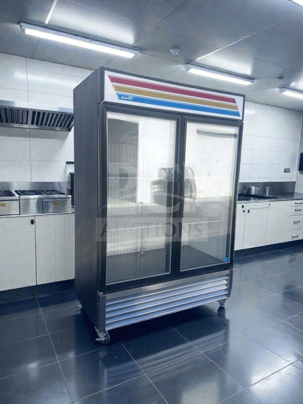 True GDM-49F-LTF-HC~TSL01 black two-section glass door freezer merchandiser, 54", LED, 8 shelves, NSF/UL listed, superior condition.