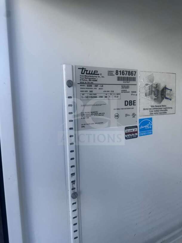 True GDM-49F-LTF-HC~TSL01 freezer label showing model details, UL and NSF certifications, and Energy Star rating.