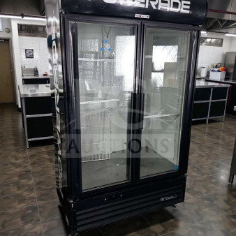 True GDM-43EM Powerade branded glass door merchandiser refrigerator, excellent condition, 2 swing doors, ENERGY STAR.