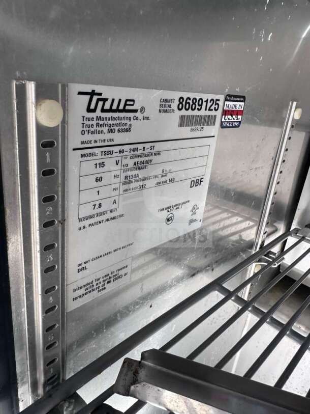 True TSSU-60-24M-B-ST-HC Mega Top Refrigerated Sandwich Prep Table label with serial number 8689125, made in USA.
