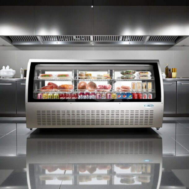 Brand new KoolMore RD32C-SS refrigerated deli display case, 82", 32 cu. ft., stainless steel, curved glass, ETL listed.
