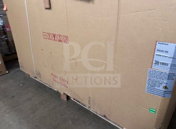 KoolMore RD32C-SS refrigerated deli display, 82", 32 Cu. Ft., stainless steel, curved glass, ETL listed, new in box.