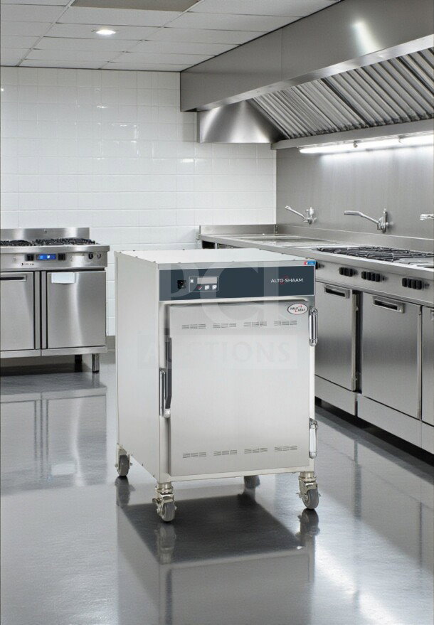 Alto-Shaam 750-S mobile heat holding cabinet, stainless steel, holds 10 full-size pans, UL listed, fully tested, excellent condition.