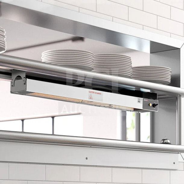 Brand new ServIt 36" single strip warmer, model 423SWT36, 120V, 850W, toggle control, factory sealed, on kitchen shelf.