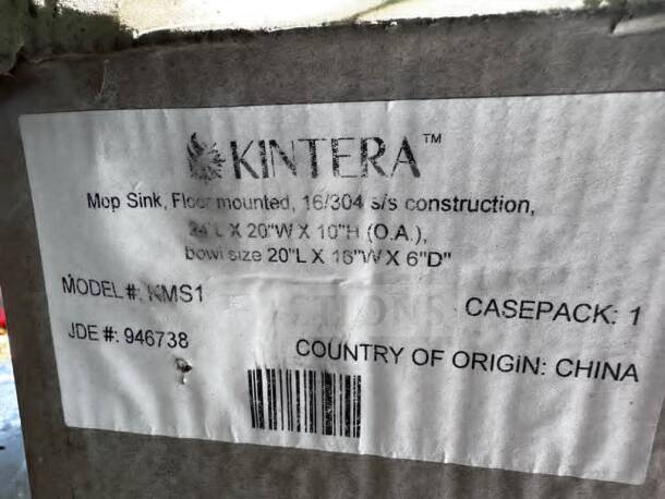 Brand new Kintera KMS1 mop sink, 20" x 16" x 6" bowl, 16-gauge 304 stainless steel, NSF certified, floor-mounted.
