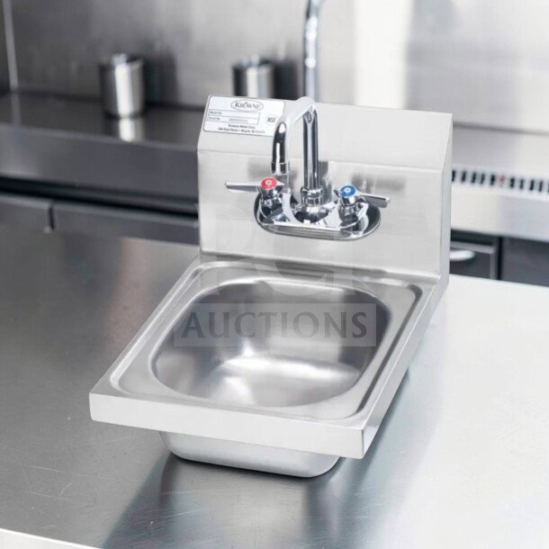 Elite Krowne HS-9L wall mount hand sink, 9 3/4" x 11 3/4" bowl, low lead faucet, NSF certified, pristine condition.