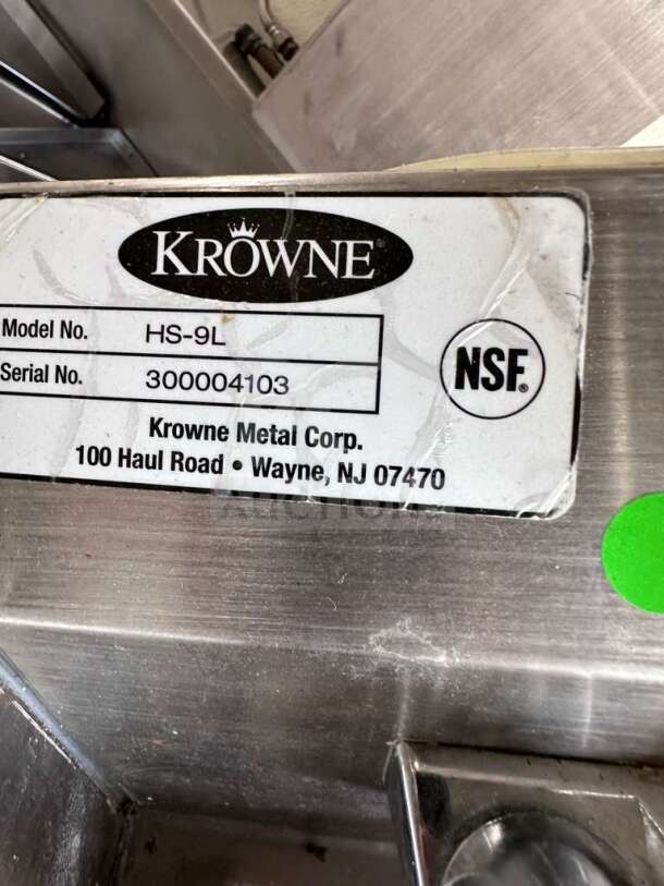 Krowne HS-9L wall mount hand sink, 9 3/4" x 11 3/4" bowl, low lead faucet, NSF certified, elite condition, model label shown.