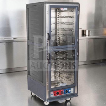 Metro C5 3 Series heated cabinet, Model C539-CDC-U-GY, full height, clear Dutch doors, 120V, 2000W, UL/NSF listed.