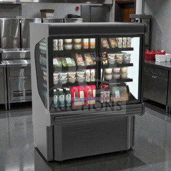 New Hussmann MD4060DA microSC™ two-section glass door merchandiser, black finish, 41 5/16", 115V, fully tested.