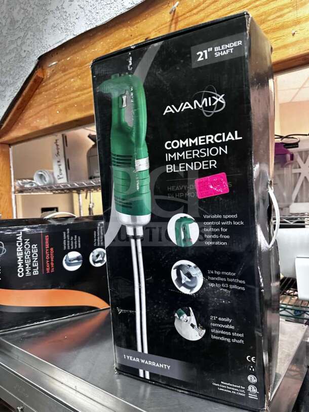 New AvaMix IBHD21 immersion blender in box; 21" shaft, 1 1/4 HP motor, variable speed, tested, operational, 1-year warranty.