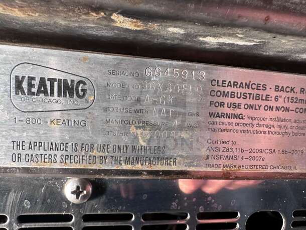Keating Miraclean® 36" gas griddle serial plate showing model 36X30FLD, natural gas use, and ANSI/NSF certifications.