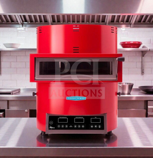 TurboChef FIRE countertop pizza oven in red, single deck, 208–240V/1PH, UL listed, model TURBO-L-FIRE-0500, premium condition.