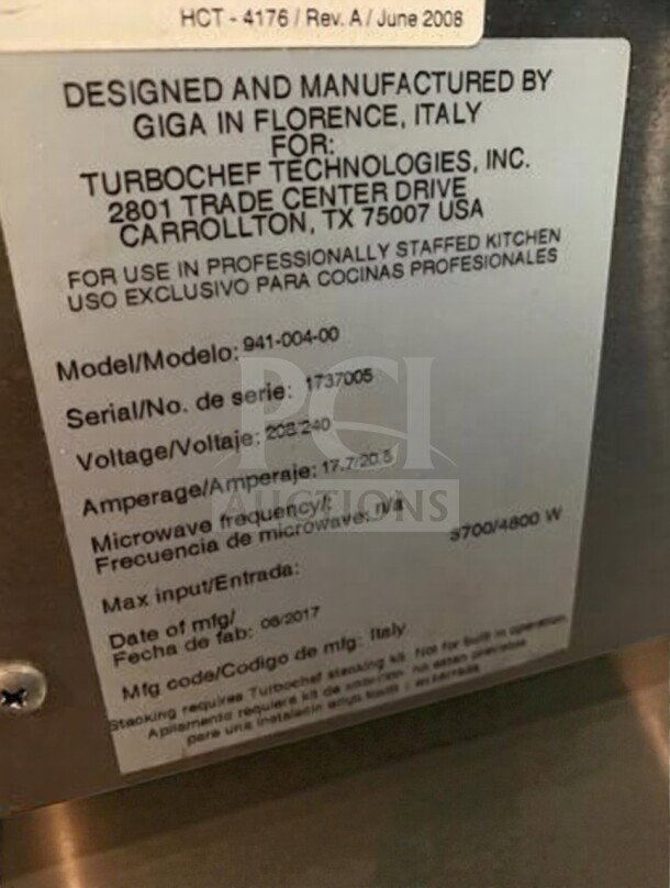 TurboChef FIRE pizza oven label, model 941-004-00, serial 1737005. Voltage 208/240V, ampere 17.7/20.5, made in Italy.