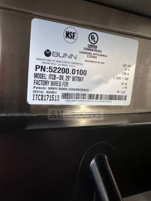 Bunn ITCB-DV 29" Commercial Coffee Brewer label showing model, UL listing, and electrical specifications.