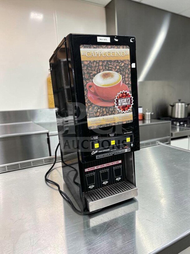 Wilbur Curtis PC-3D-10-01 cappuccino machine, 3 hoppers, 120V, excellent condition, tested, operational, branded display panel.