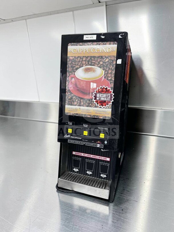 Wilbur Curtis PC-3D-10-01 cappuccino machine, 3 hoppers, excellent condition, tested; operational, 120V, Hershey’s tag.