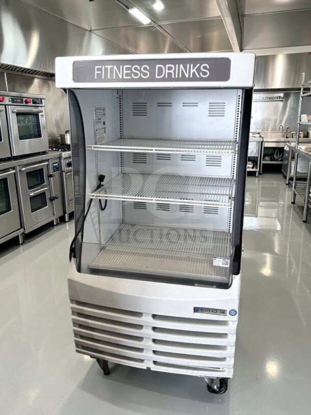 Beverage-Air BZ13-1-W, 30" wide open display case, 3-tier refrigerated merchandiser, excellent condition, "Fitness Drinks" label.