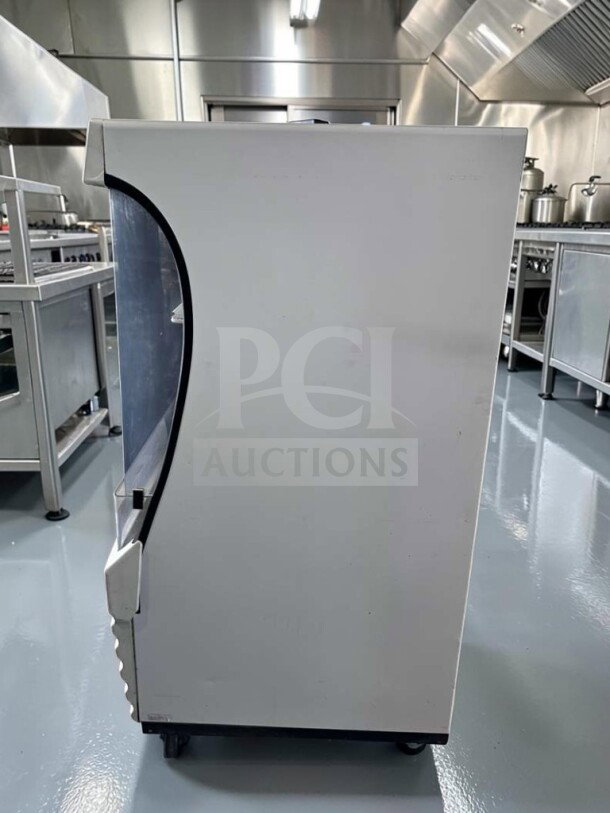 Beverage-Air BZ13-1-W display case, 30" wide, 3-tier refrigerated, exceptional condition, side view, fully operational.