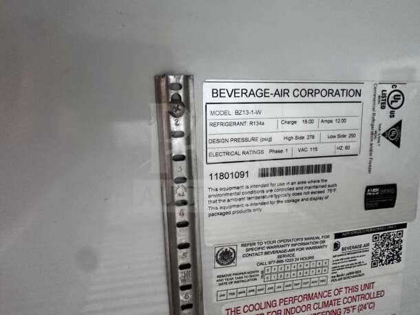 Beverage-Air BZ13-1-W The Breeze open display case label; features model details and specifications.