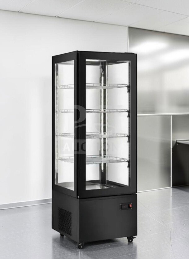 Brand new Marchia MVS500-B vertical refrigerated cake display case, black exterior, LED lighting, ETL/NSF certified.