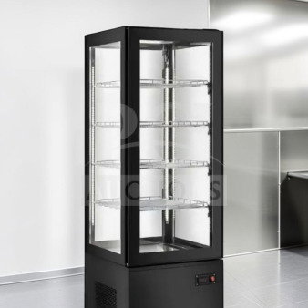 Brand new Marchia MVS500-B vertical refrigerated cake display case, black exterior, LED lighting, ETL/NSF certified.