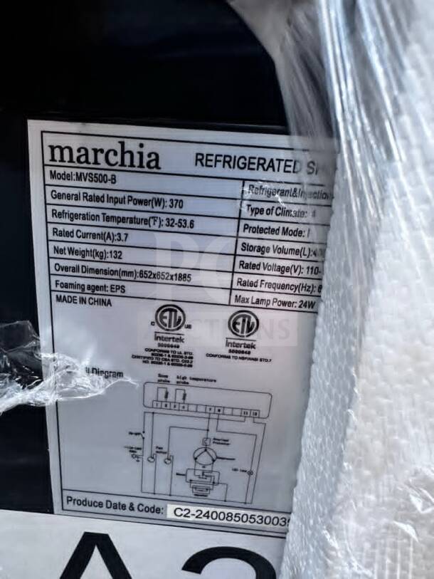 Marchia MVS500-B vertical refrigerated cake display case, black exterior, LED lighting, ETL/NSF certified, new condition.